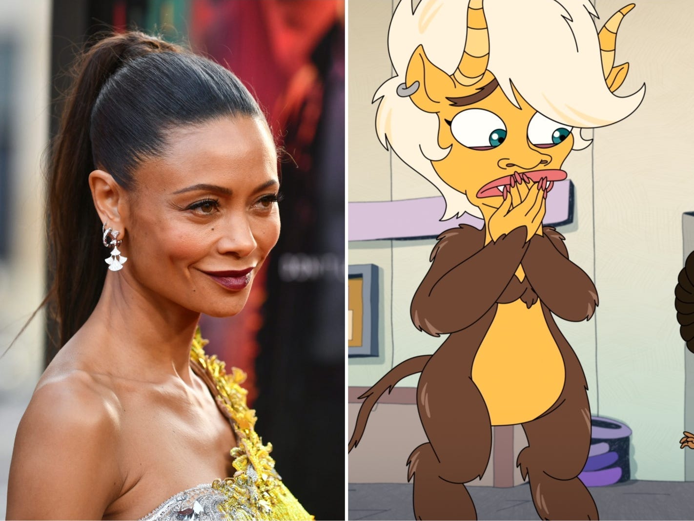 A composite image of Thandiwe Newton in a gold and silver dress and an animated picture of a monster.