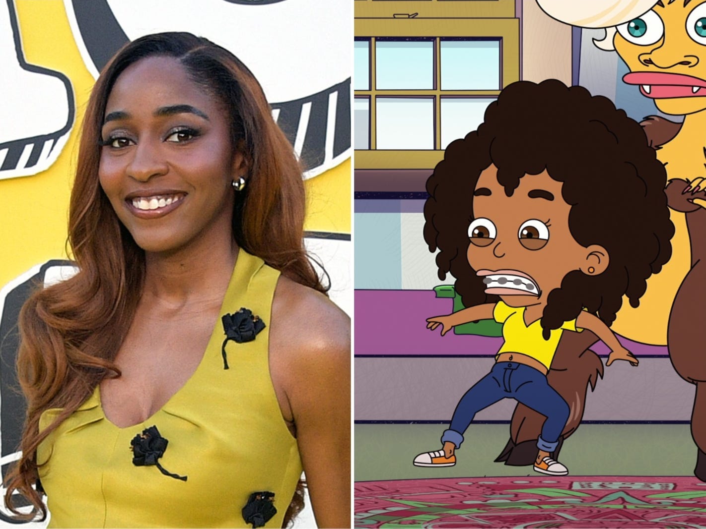 A composite image showing Ayo Edebiri in a yellow dress and an animated girl wearing braces.