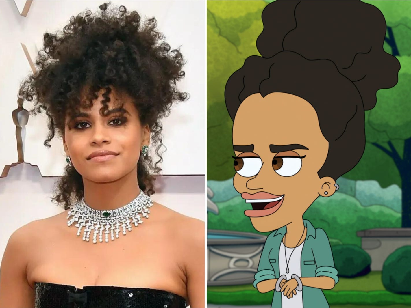 A compiste Image of Zazie Beetz wearing a necklace and black dress next to an animated still of a girl.
