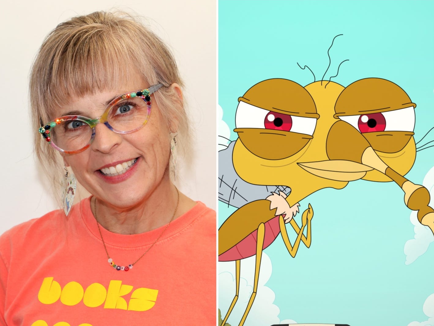 A composite image of Maria Bamford wearing glasses, a necklace, and a T-shirt next to an animated mosquito.