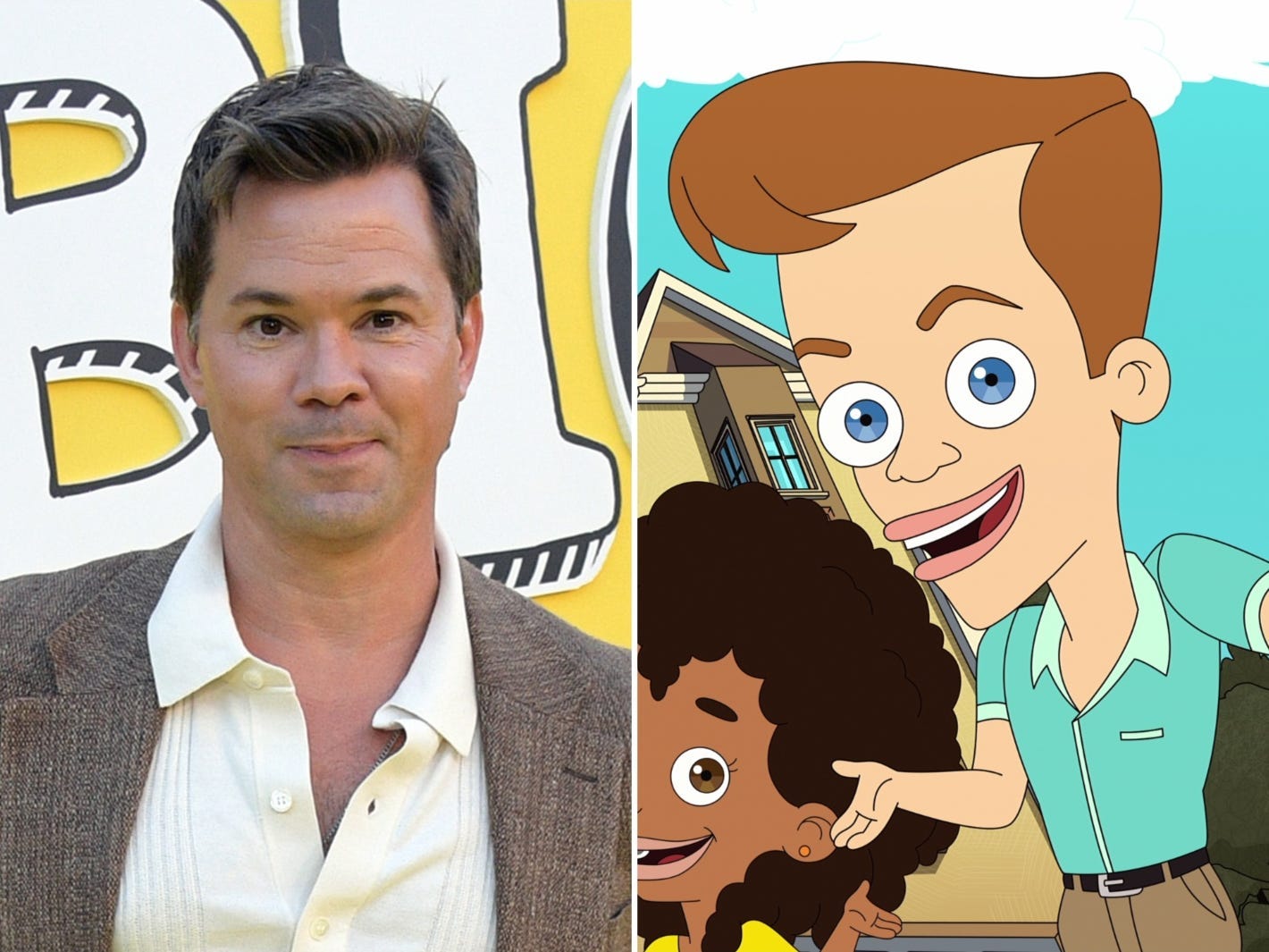 A composite image of Andrew Rannells wearing a cream shirt and tweed jacket next to an animated boy.