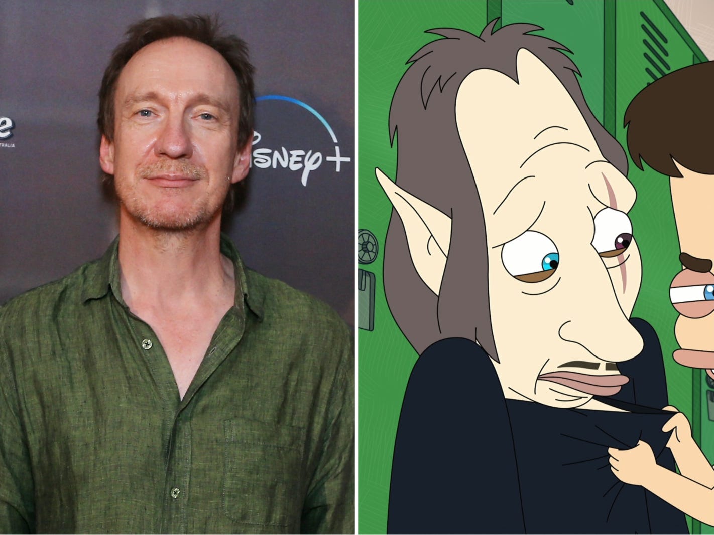A composite image of David Thewlis and an animated man with a scar on his face.