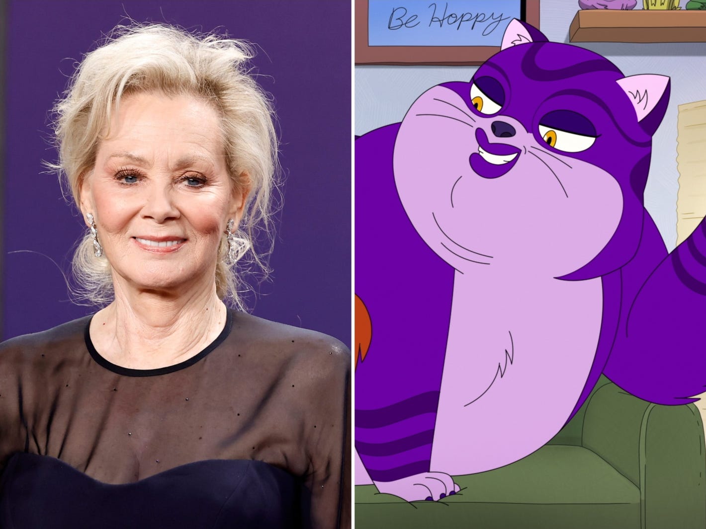 A composite image of Jean Smart in a sheer black dress next to an animated purple giant cat.