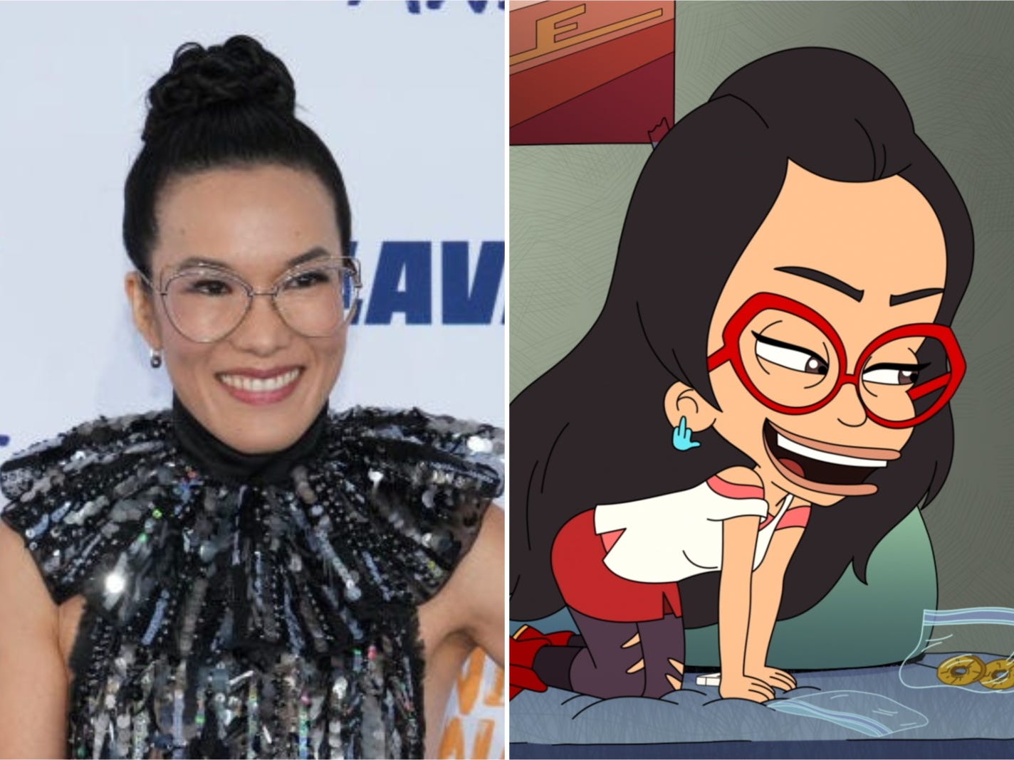 A composite image showing Ali Wong in a sparkly dress and an animated girl on a bed.