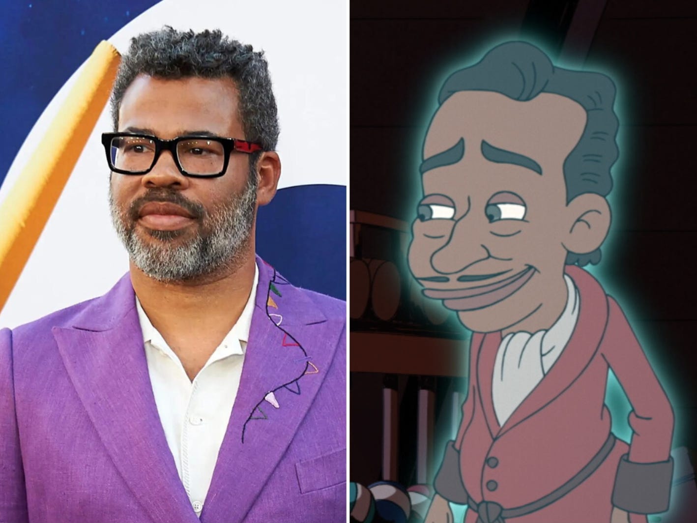 A composite image of Jordan Peele in a purple suit next to an animated ghost in a red robe.