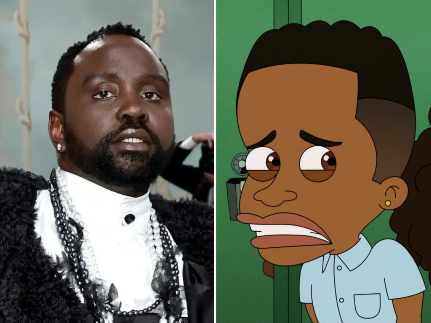 A composite image showing Brian Tyree Henry in a white shirt and fur coat next to an animated child.