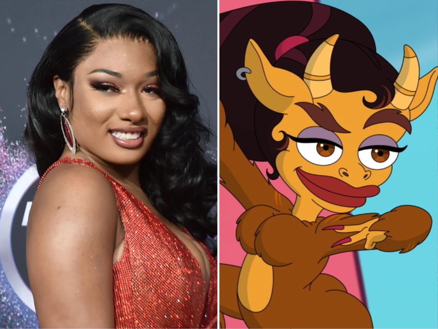 A composite image of Megan Thee Stallion wearing a red dress and matching earrings next to an animated monster.