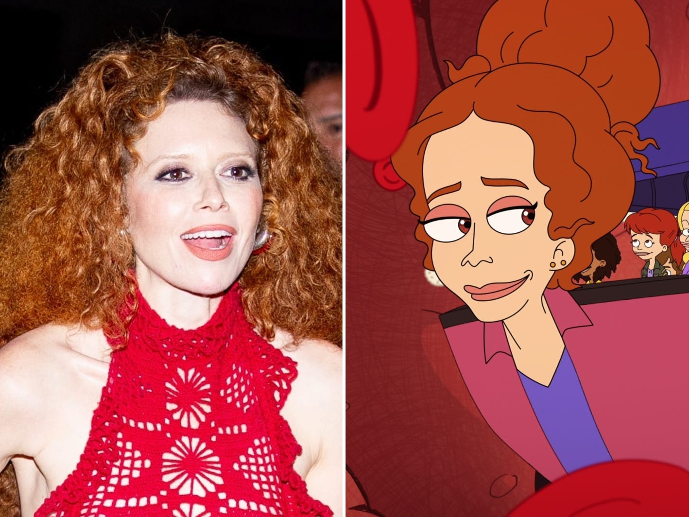 A composite image of Natasha Lyonne in a red dress next to an animated still of a bus with a woman's head at the front.