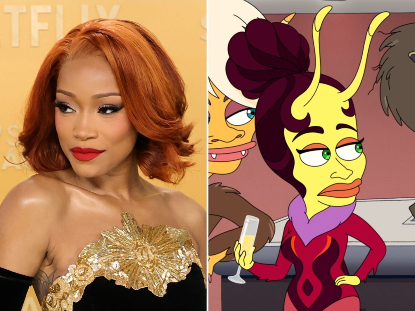 A composite image showing Keke Palmer with a ginger wig and a black and gold dress next to an animated bug holding a champagne glass.