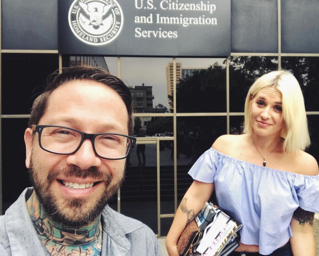 Dace Shapiro leaves a US Customs and Immigration Services building in an undated photo posted to Instagram.