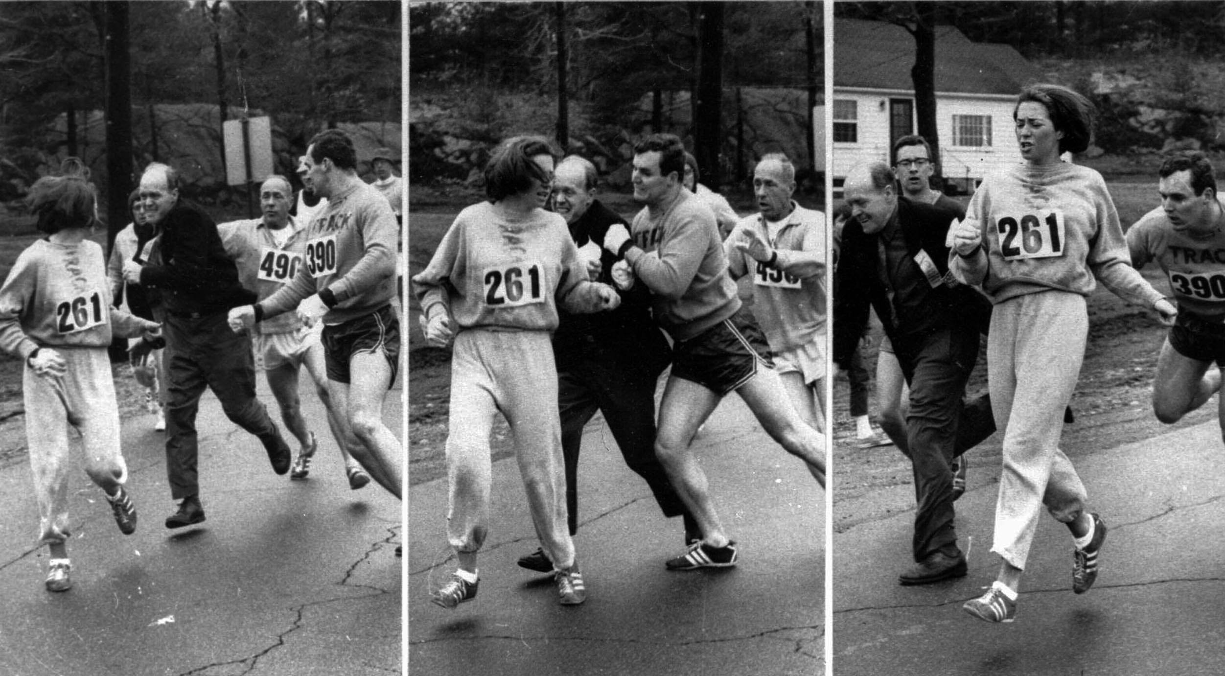 Three images of a race official trying to stop Katrine Switzer running in the 1967 Boston Marathon.