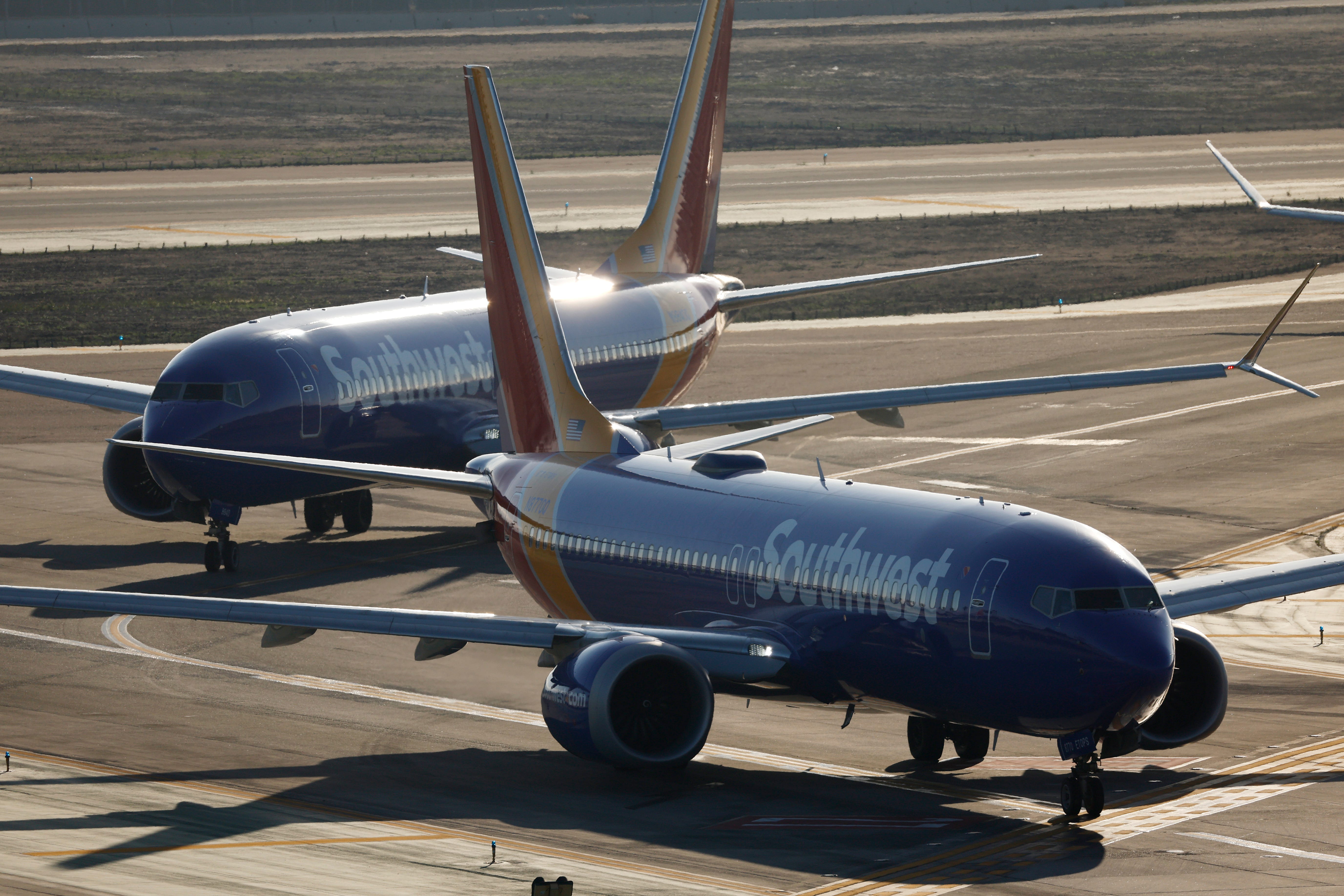 Southwest Airlines Boeing 737 airplanes taxi before departing from San Diego International Airport on May 9, 2025 in San Diego, California.