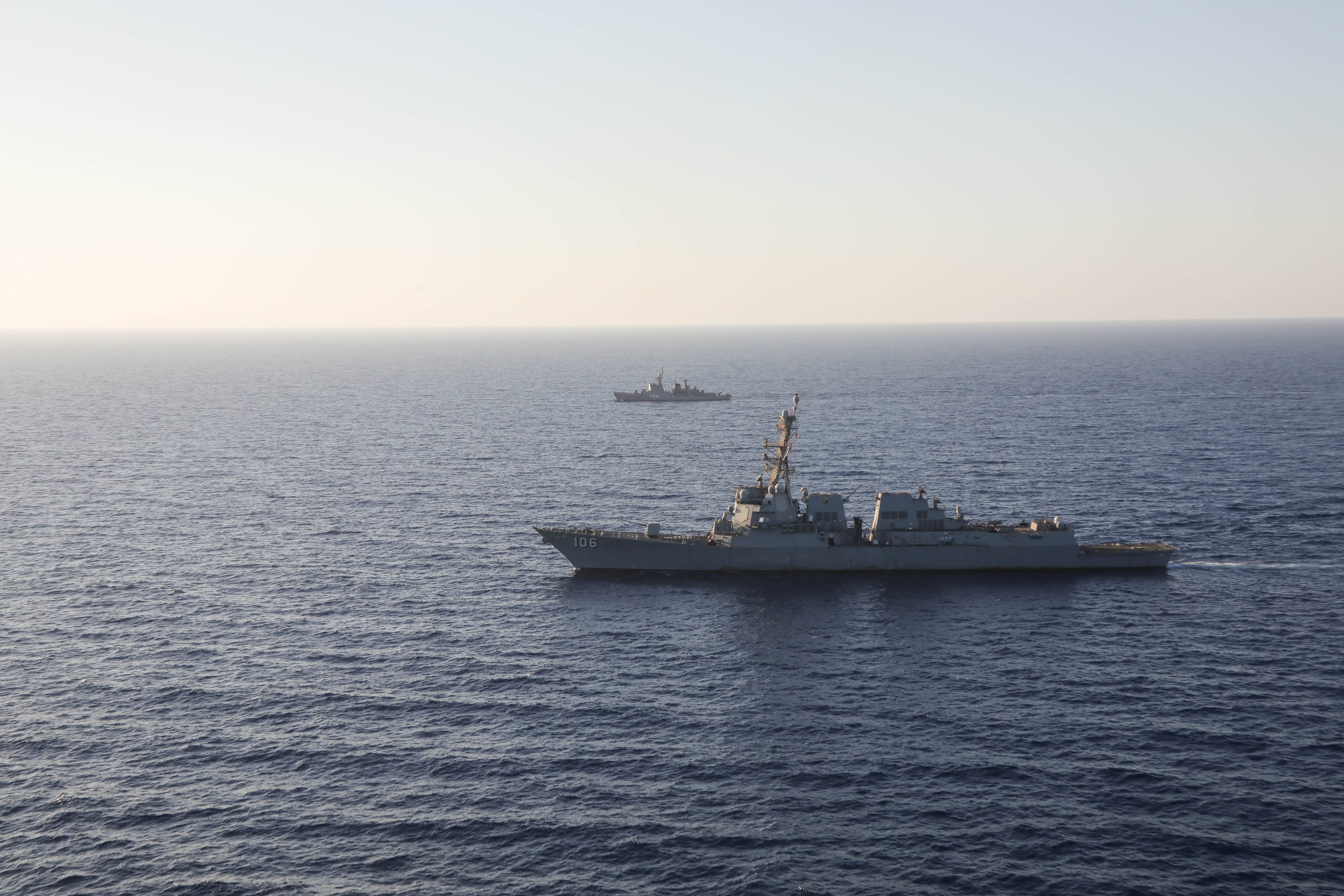 The USS Stockdale sails alongside the ENS Abu Qir.