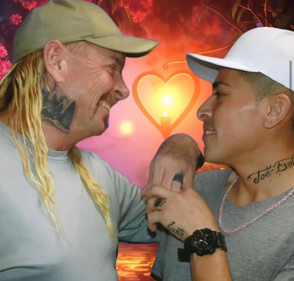 Joe Exotic and Jorge Flores Maldonado looking into each other's eyes and holding hands while posing together with an image of a sunset behind them