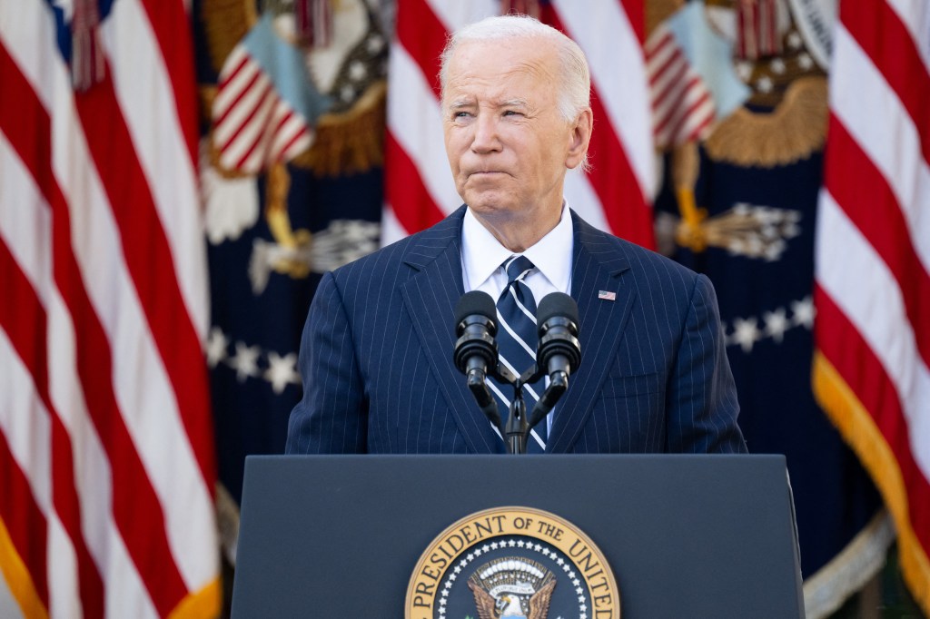 US President Joe Biden speaks about the presidential election results in the Rose Garden of the White House in Washington, DC, November 7, 2024.