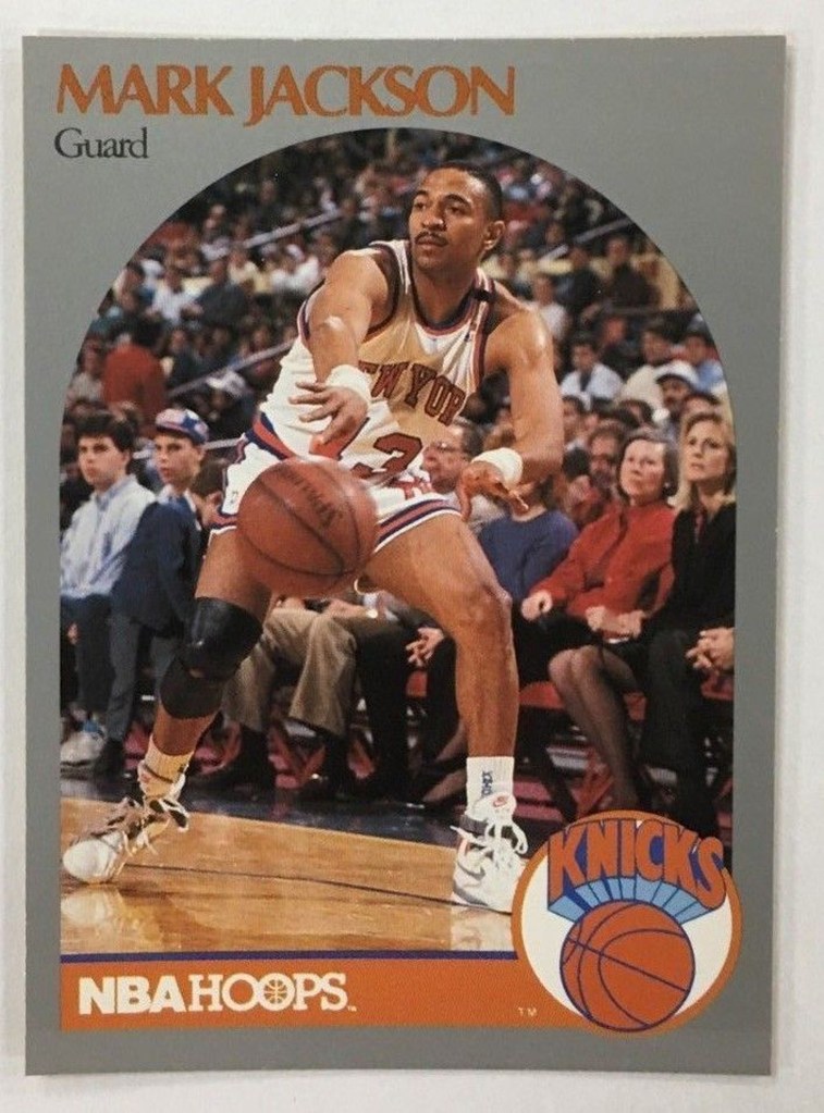 The 1990 trading card of New York Knick Mark Jackson with the Menendez brothers in the background.