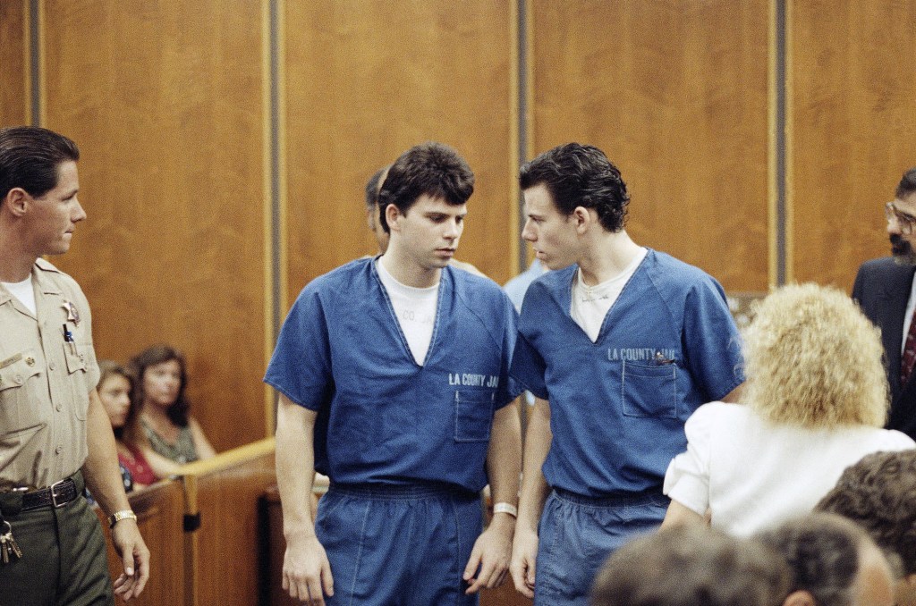 The Menendez brothers leave the courtroom after a trial in Santa Monica, Calif. on Aug. 6, 1990. 