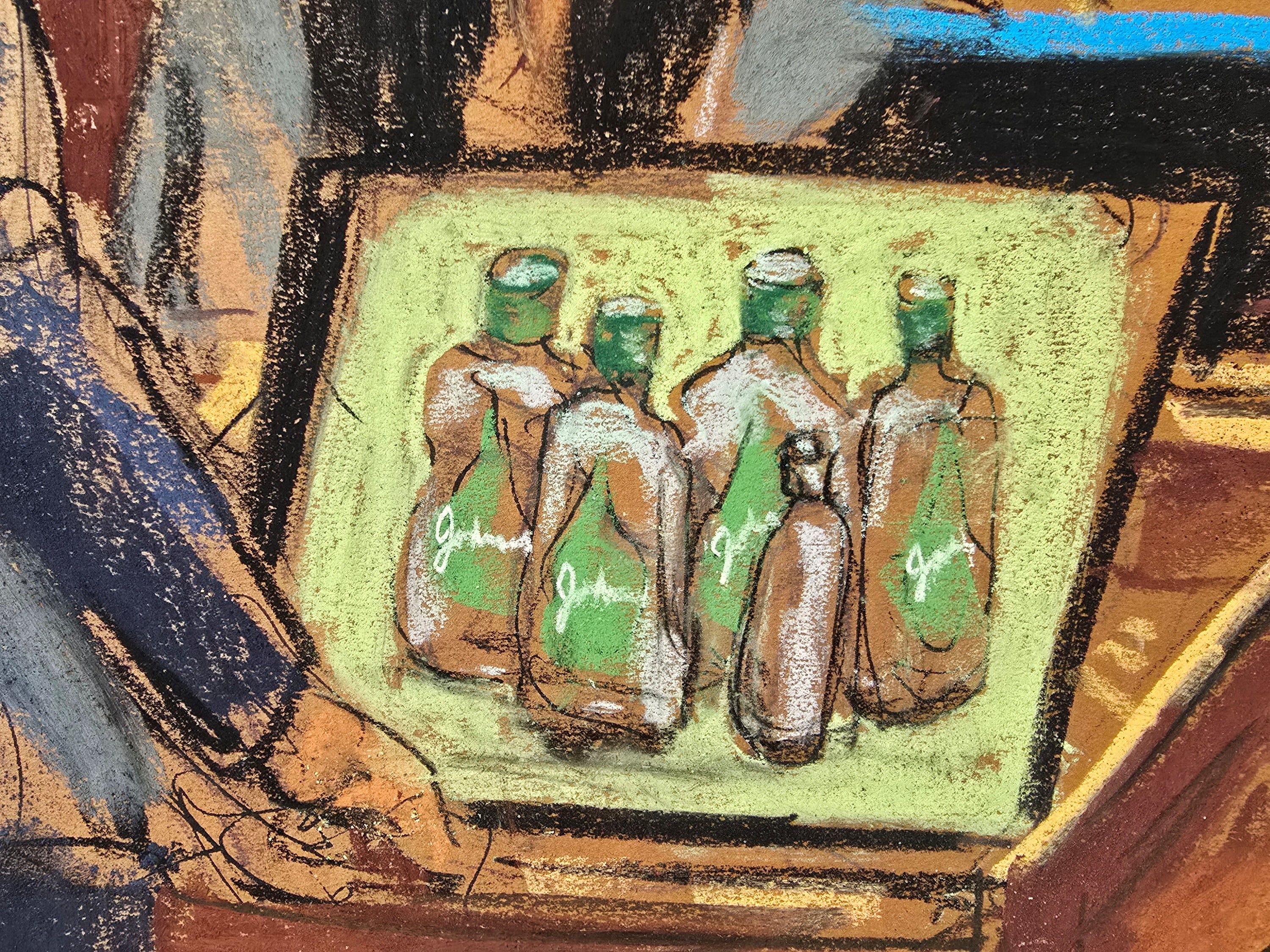 A courtroom sketch from the Sean "Diddy" Combs sex-trafficking and racketeering trial shows bottles of baby oil that were seized as evidence .