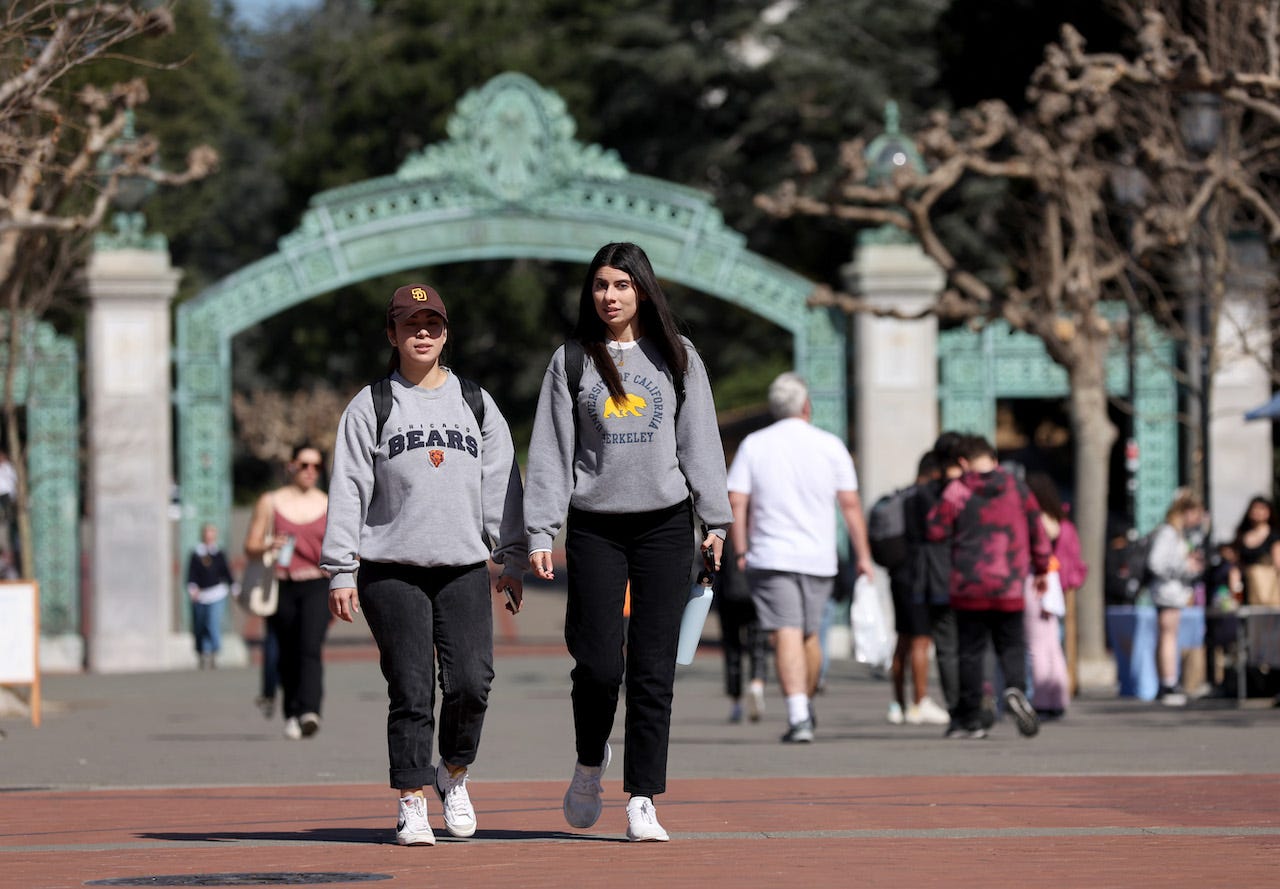 Students wear UC Berkeley school apparel as they walk through Sproul Plaza on the UC Berkeley campus on March 14, 2022 in Berkeley, California.
