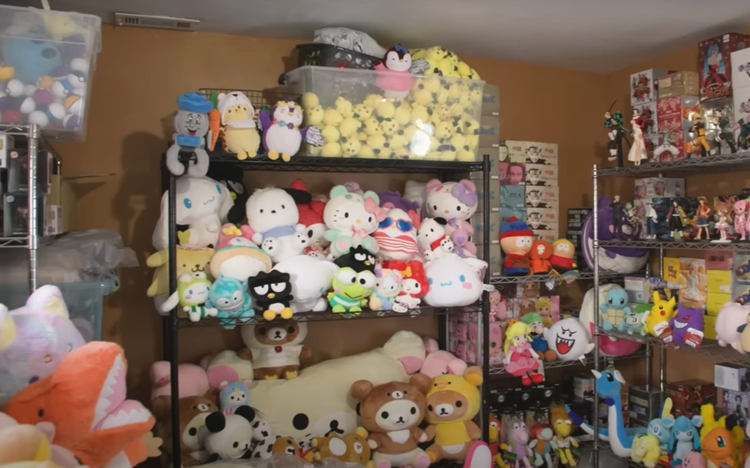 Room full of plushies from claw machines