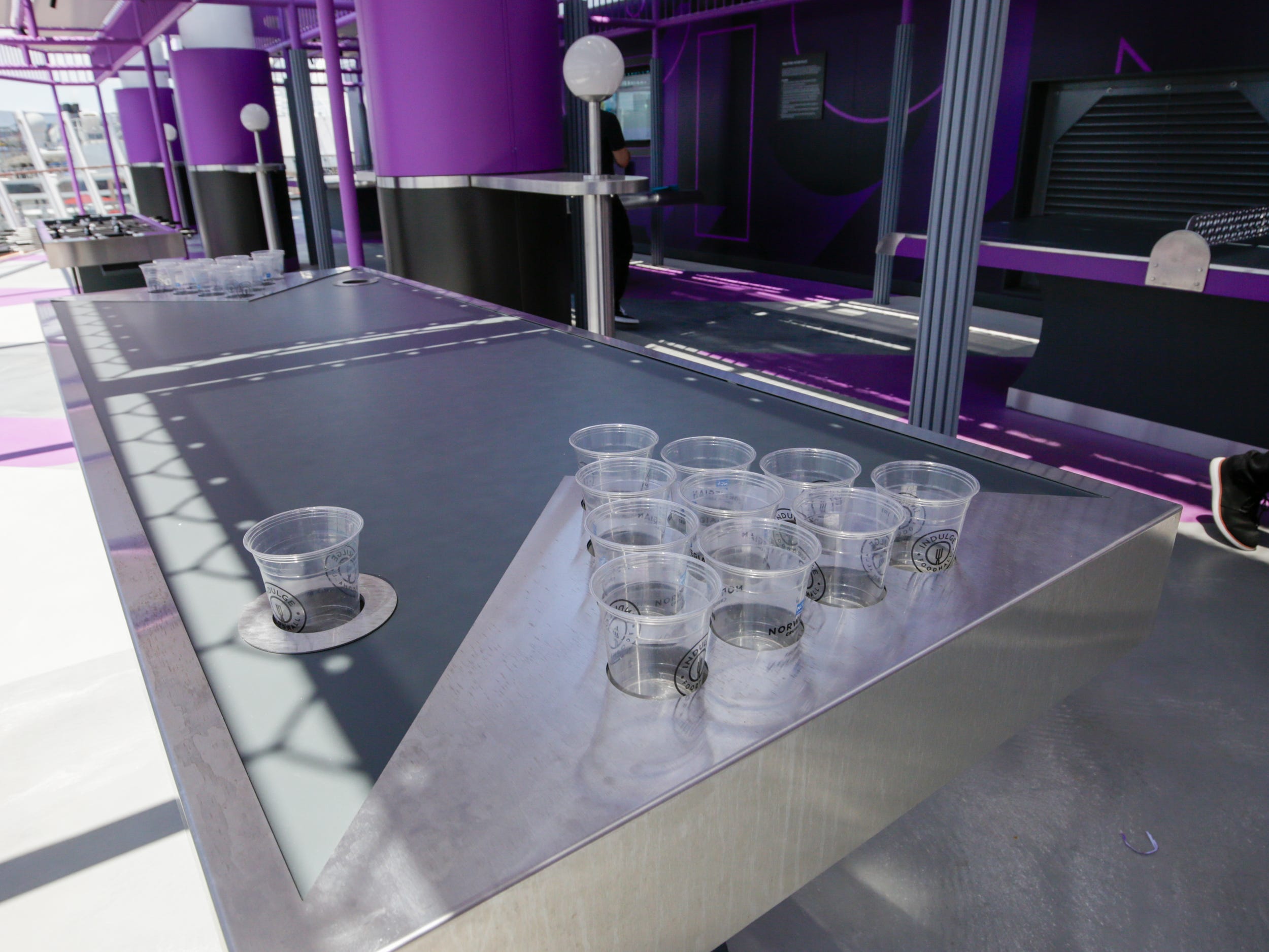 empty beer pong cups at The Stadium on Norwegian Aqua