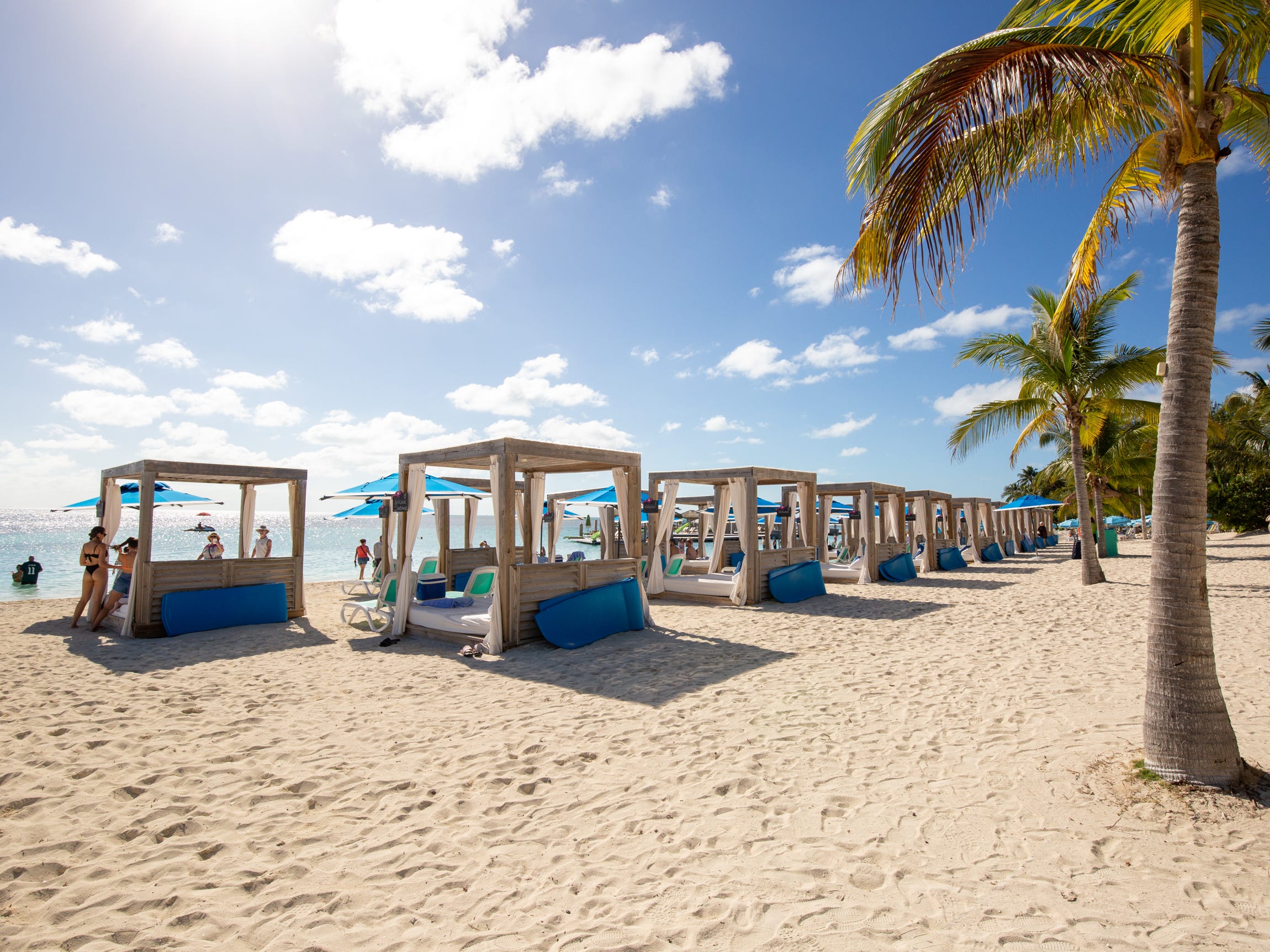 empty cabanas on the beach at Royal Caribbean International's Perfect Day at CocoCay private island