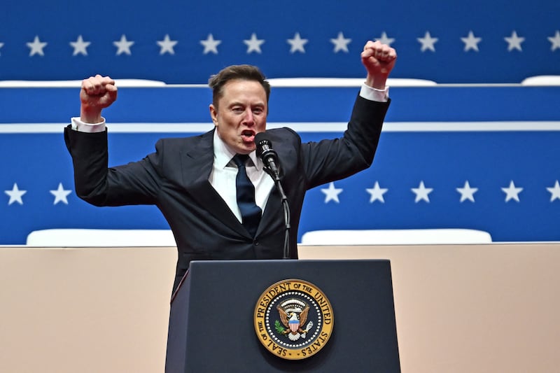 Elon Musk speaks during the inaugural parade for President Donald Trump inside Capital One Arena in Washington, D.C. on January 20, 2025.
