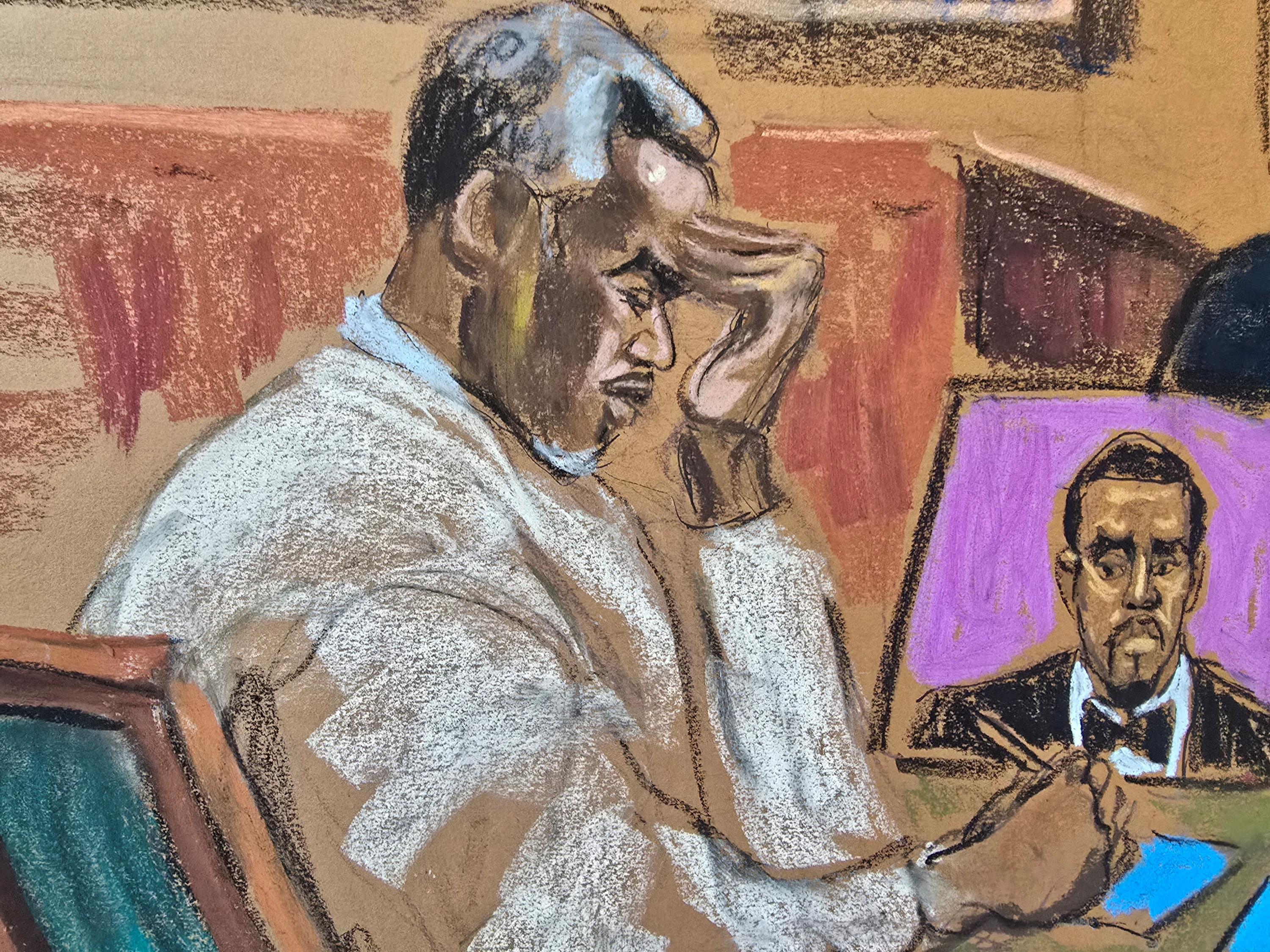 A sketch of Sean Combs in court
