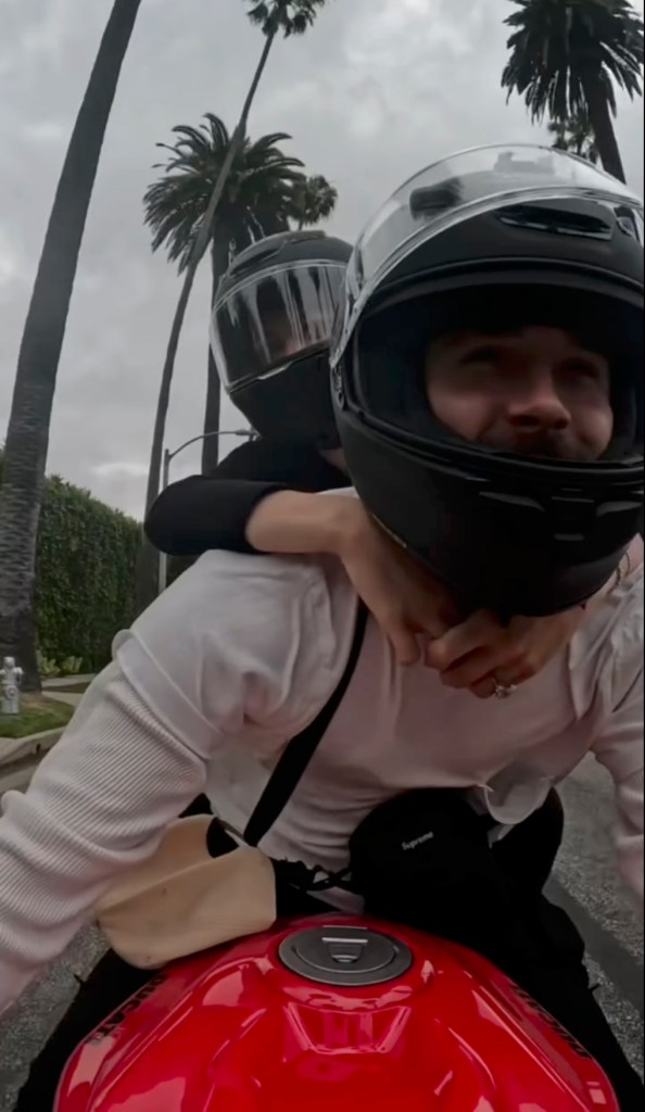 Brooklyn Beckham on a motorcycle with his wife, Nicola Peltz.