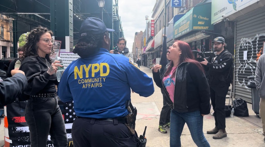 Pigeon-costumed activists arguing with NYC pet shop owners, with celebrities Alonso Duralde and Daniele Vicari present