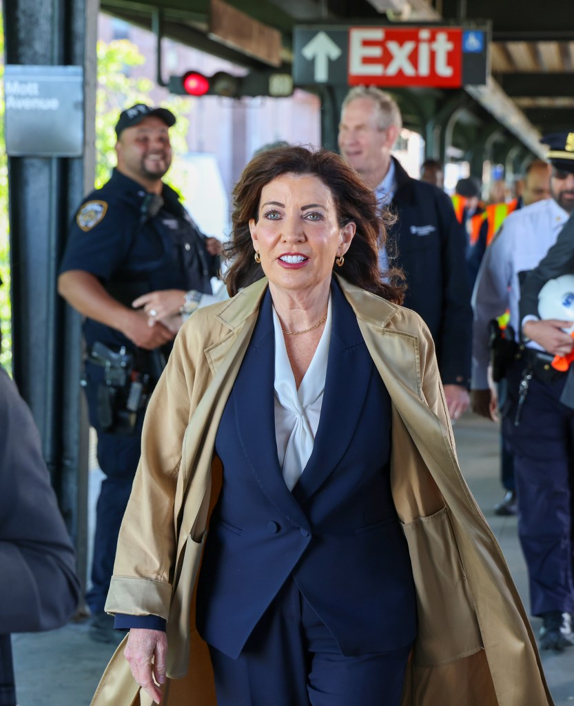 Governor Kathy Hochul greeting passengers on the A train in Far Rockaway, NY
