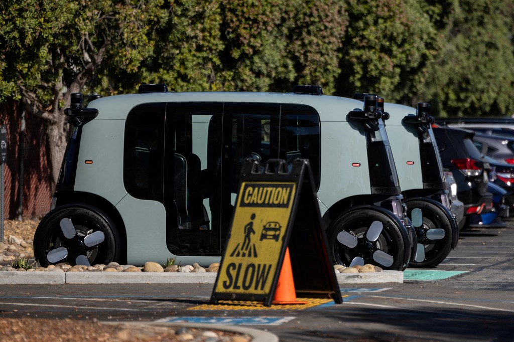 Zoox self-driving vehicle, owned by Amazon, during a test drive at the company's headquarters in Foster City, California, October 15, 2024.