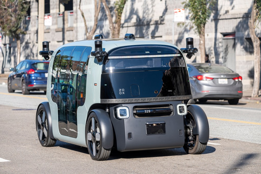A Zoox autonomous robotaxi being tested on the streets of San Francisco's SoMa neighborhood on December 4, 2024