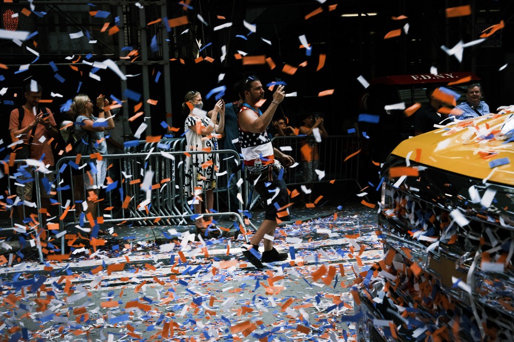 Confetti falling during the ticker tape parade in New York City, honoring the first responders and essential workers who helped navigate the city through Covid-19