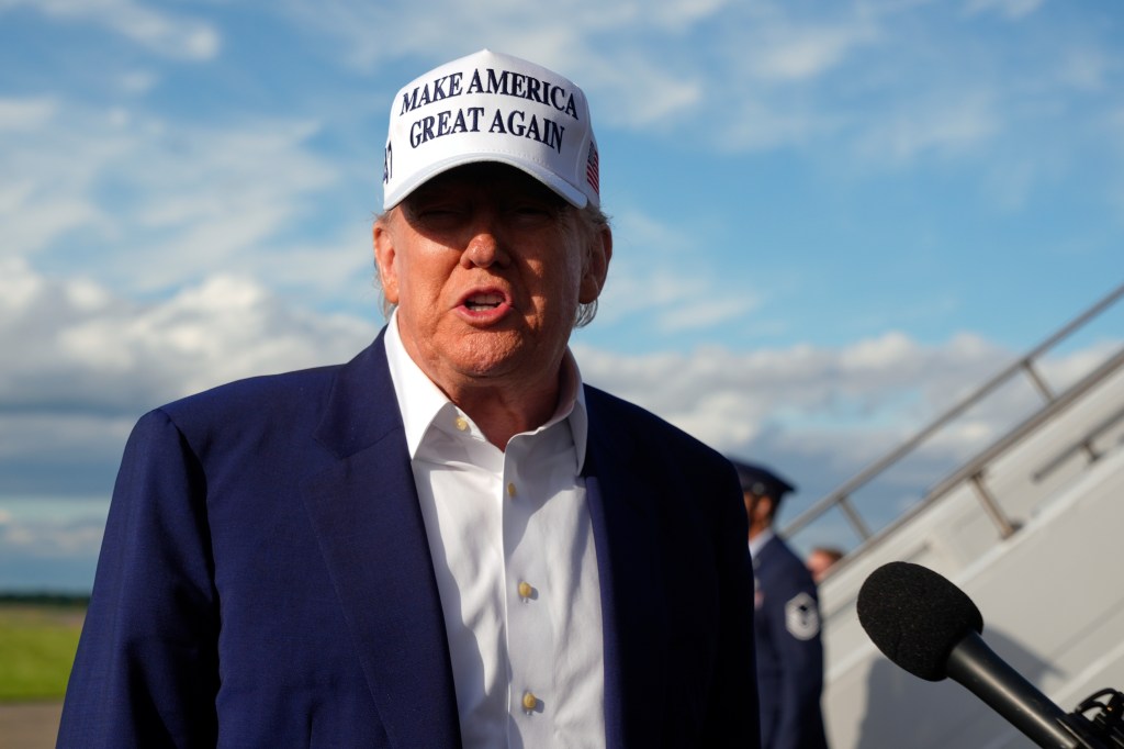 President Donald Trump speaks to reporters before boarding Air Force One at Morristown Municipal Airport in Morristown, N.J., Sunday, May 25, 2025.
