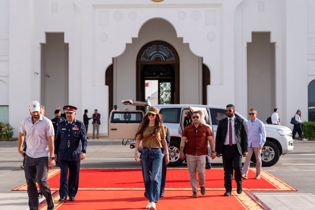 Noem walks to her plane to depart Bahrain International Airport in Manama on May 25, 2025.