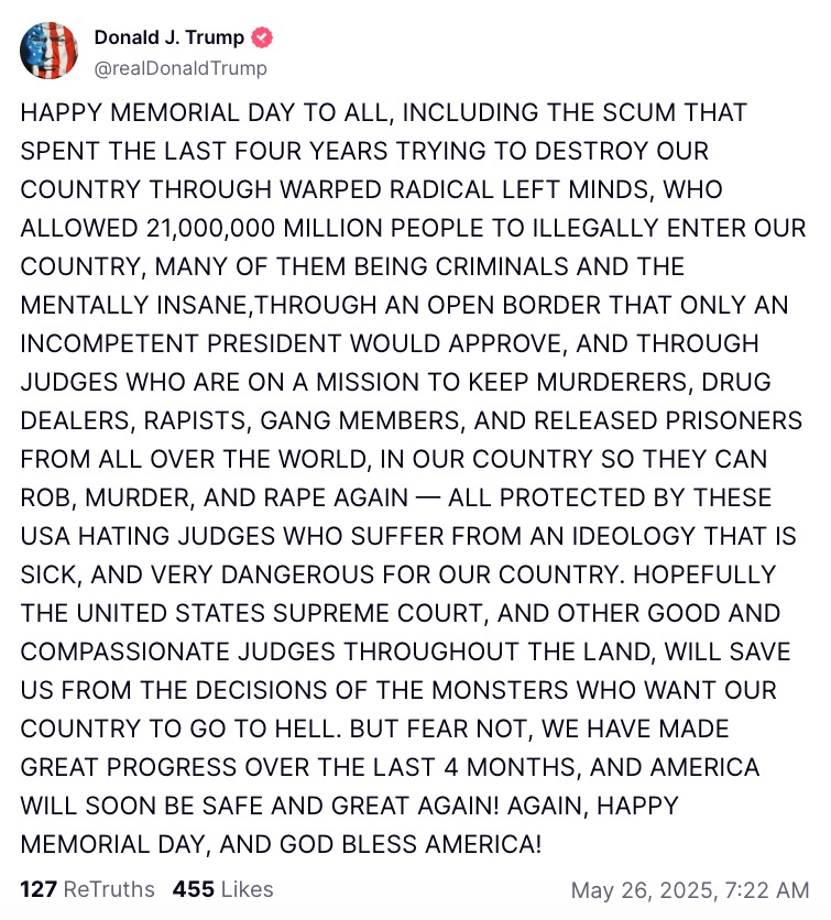 Screenshot of Truth Social post