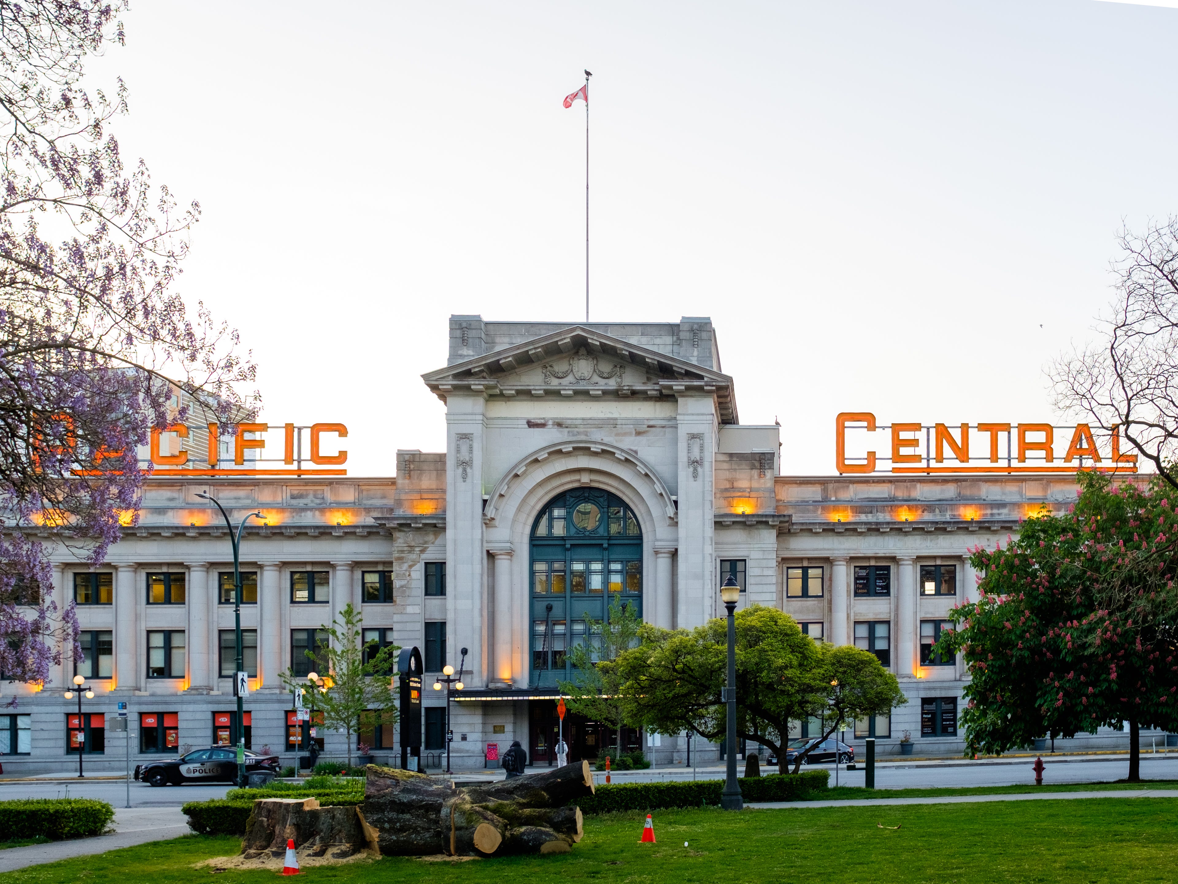 Pacific Central Station in seen behind a park