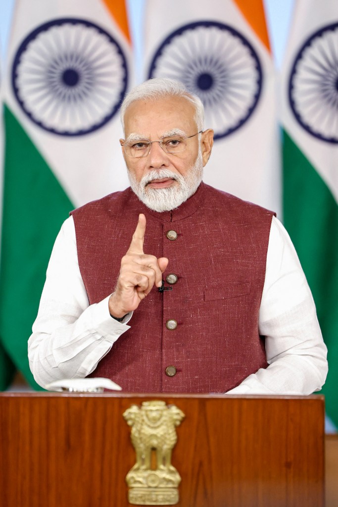 India's Prime Minister Narendra Modi addressing the nation via video conferencing following a truce with Pakistan