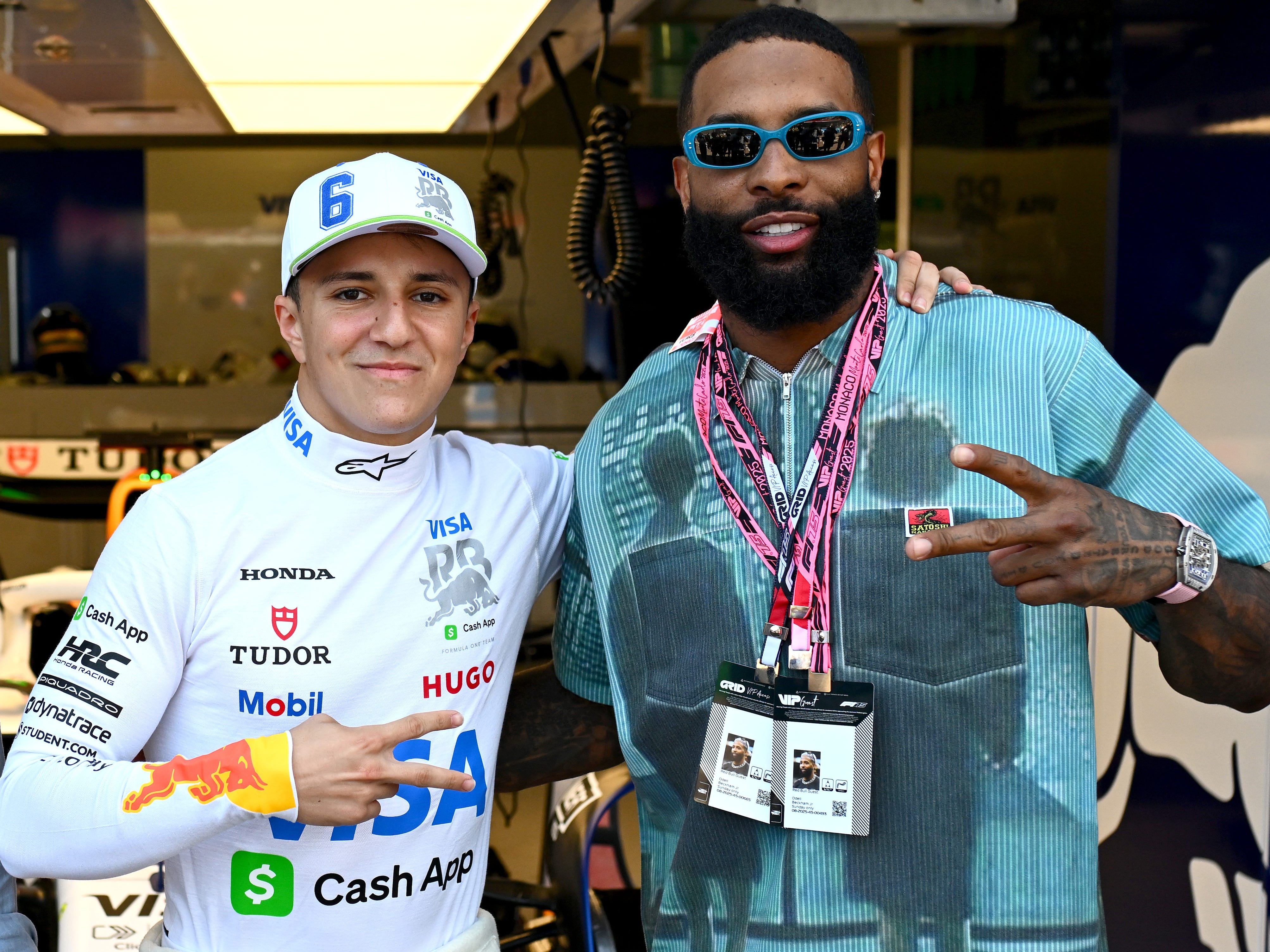Isack Hadjar of France and Visa Cash App Racing Bulls with Odell Beckham Jr. during the F1 Grand Prix of Monaco at Circuit de Monaco on May 25, 2025, in Monte-Carlo, Monaco.