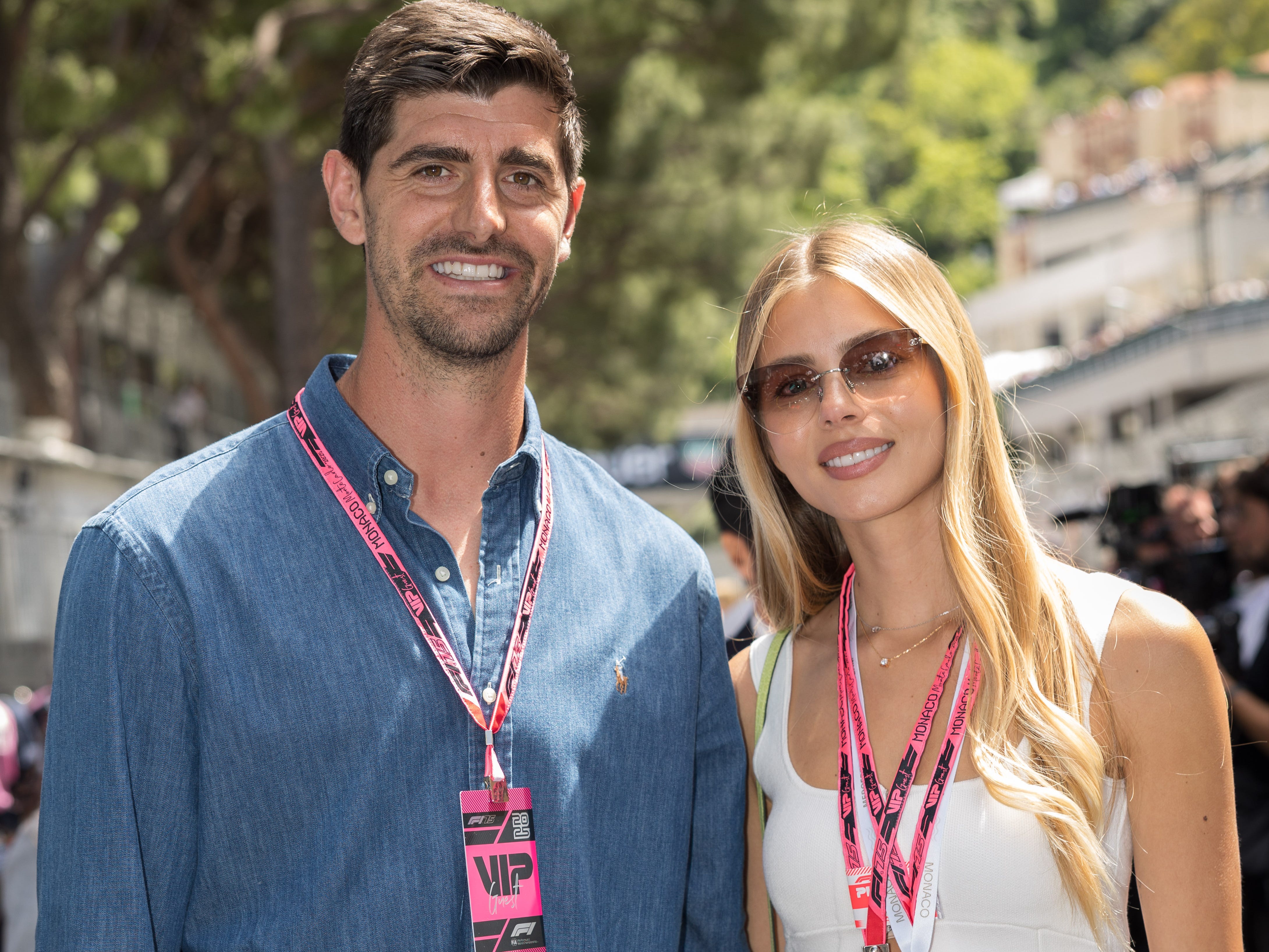 Thibaut Courtois and Mishel Gerzig at the F1 Grand Prix of Monaco on May 25, 2025, in Monte-Carlo, Monaco.