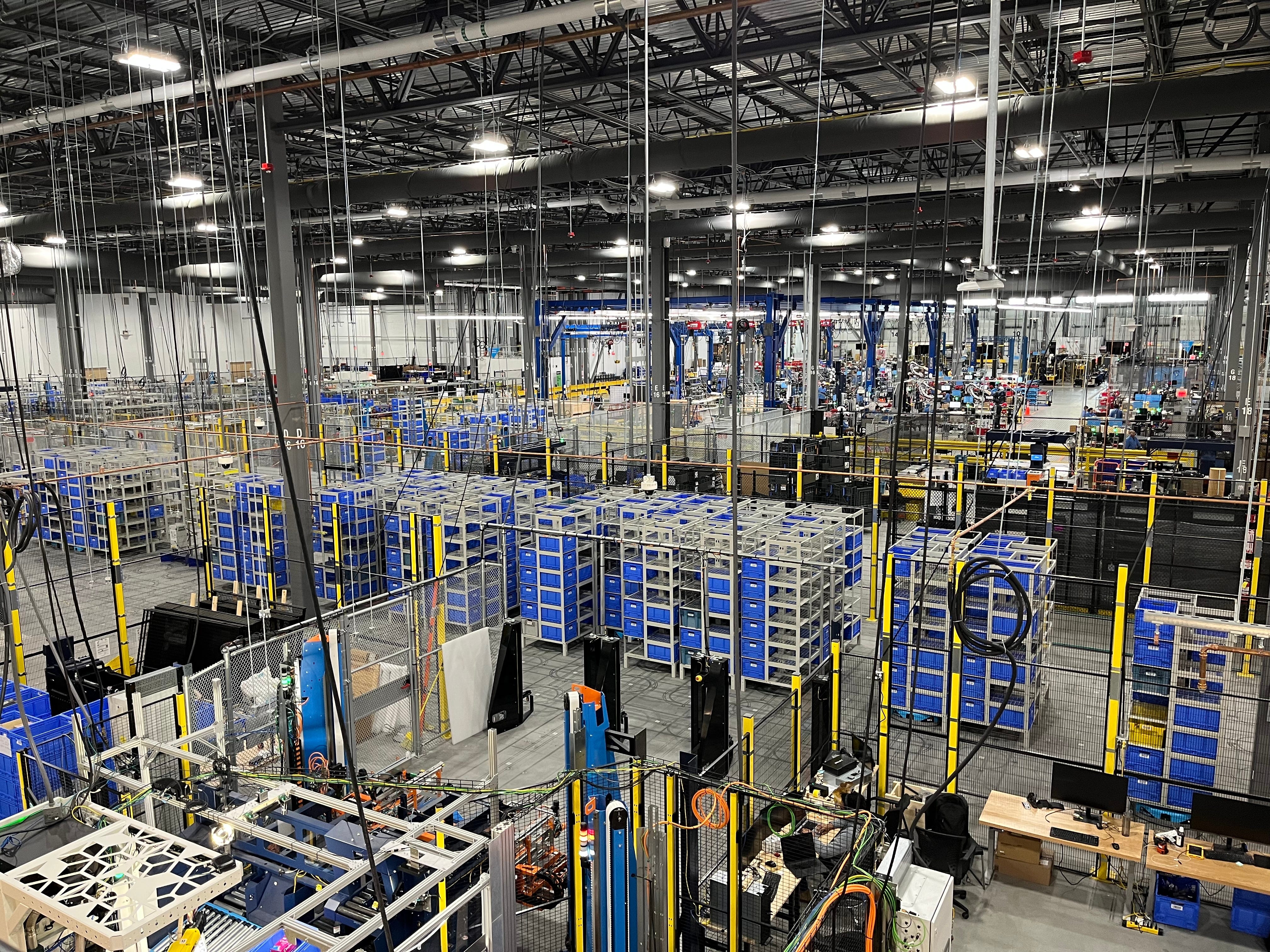 Aerial shot shows Sequoia storage systems being tested at Amazon Robotics facility in Westborough, Massachusetts