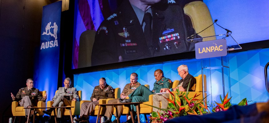 Lt. Gen. Matthew McFarlane, I Corps commanding general, speaks during a panel at the Land Forces Pacific 2025 forum in Honolulu, Hawaii, May 14, 2025.