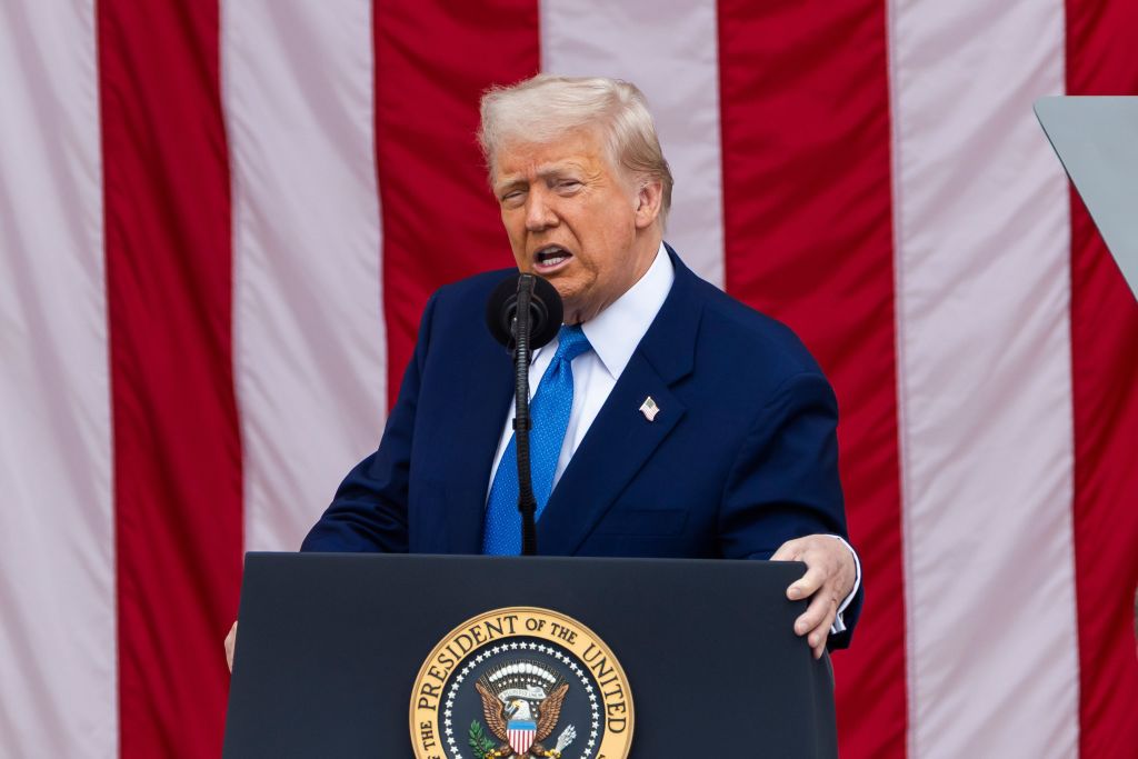 US President Donald Trump speaking at the Memorial Day Observance at Arlington Cemetery, expressing views on international affairs, on May 26, 2025