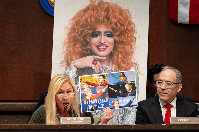 Rep. Marjorie Taylor Greene singled out a drag queen known as Lil Miss Hot Mess during a House Oversight and Government Reform Subcommittee meeting Wednesday.