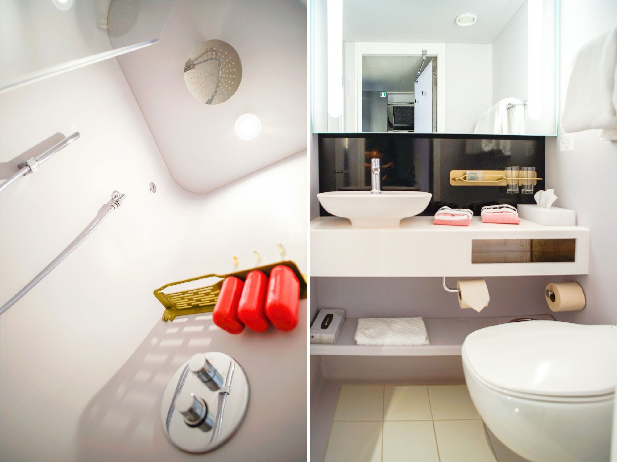 Left: A bathroom with a toilet on the left and a sink on the right. The wall behind the sink is a mirror.