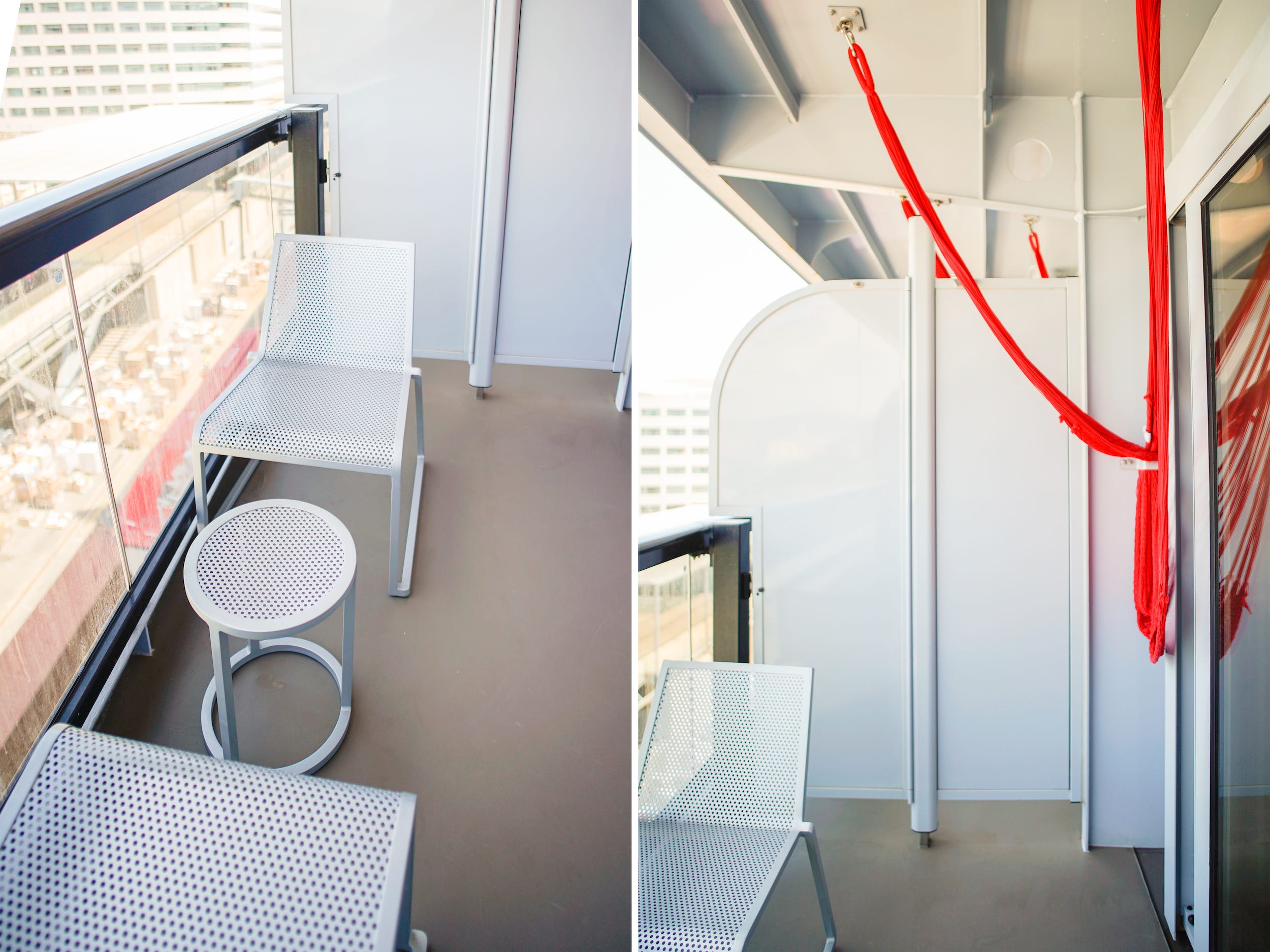 Left: A balcony with a clear barrier. There are two gray chairs across from each other with a small circular table in the middle. Right: A red hammock hung up on the right side of a balcony. There's a metal chair on the left.