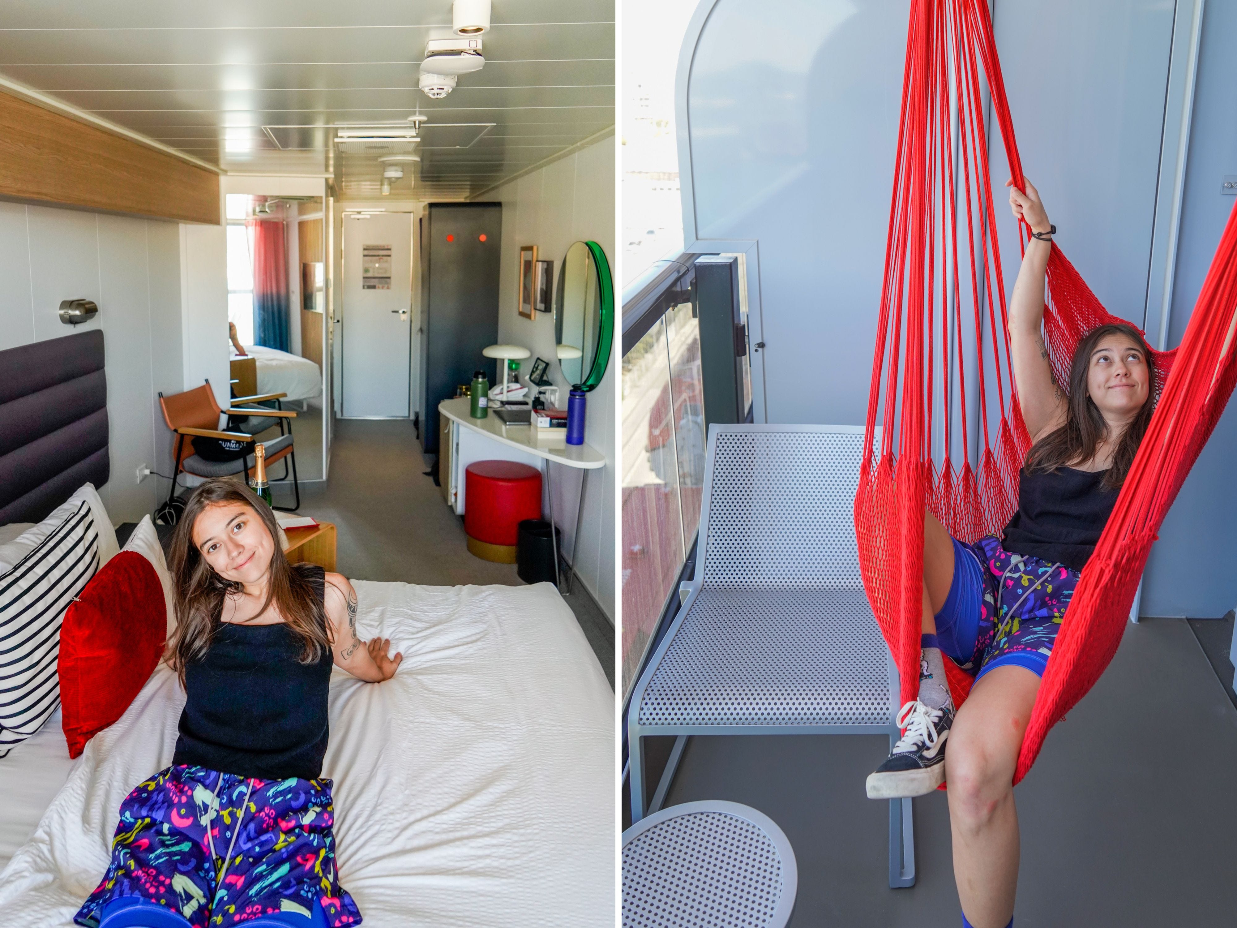 A composite image of the author sitting on a bed inside a cruise ship cabin and lounging in a red hammock on the balcony in the same cabin