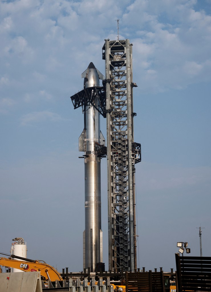 SpaceX's Starship rocket and Super Heavy booster preps for Tuesday night's launch in Starbase, Texas.