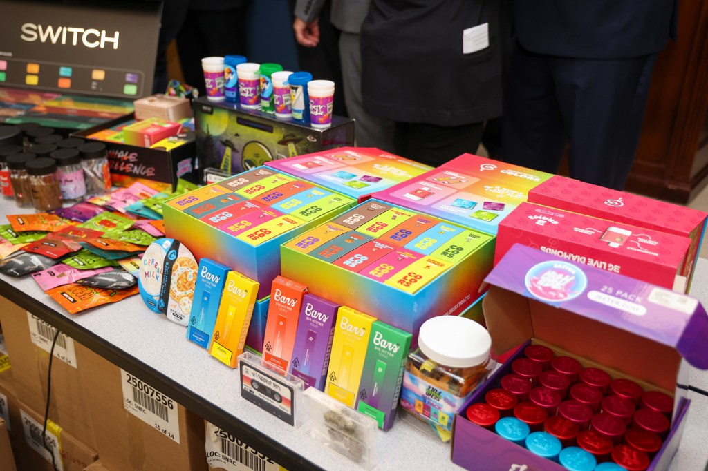 Suffolk County Executive Ed Romaine and Suffolk County Police Commissioner Kevin Catalina show off the large amount of illegal cannabis products that were confiscated throughout Suffolk County, NY in a large-scale crackdown of illegal cannabis shops